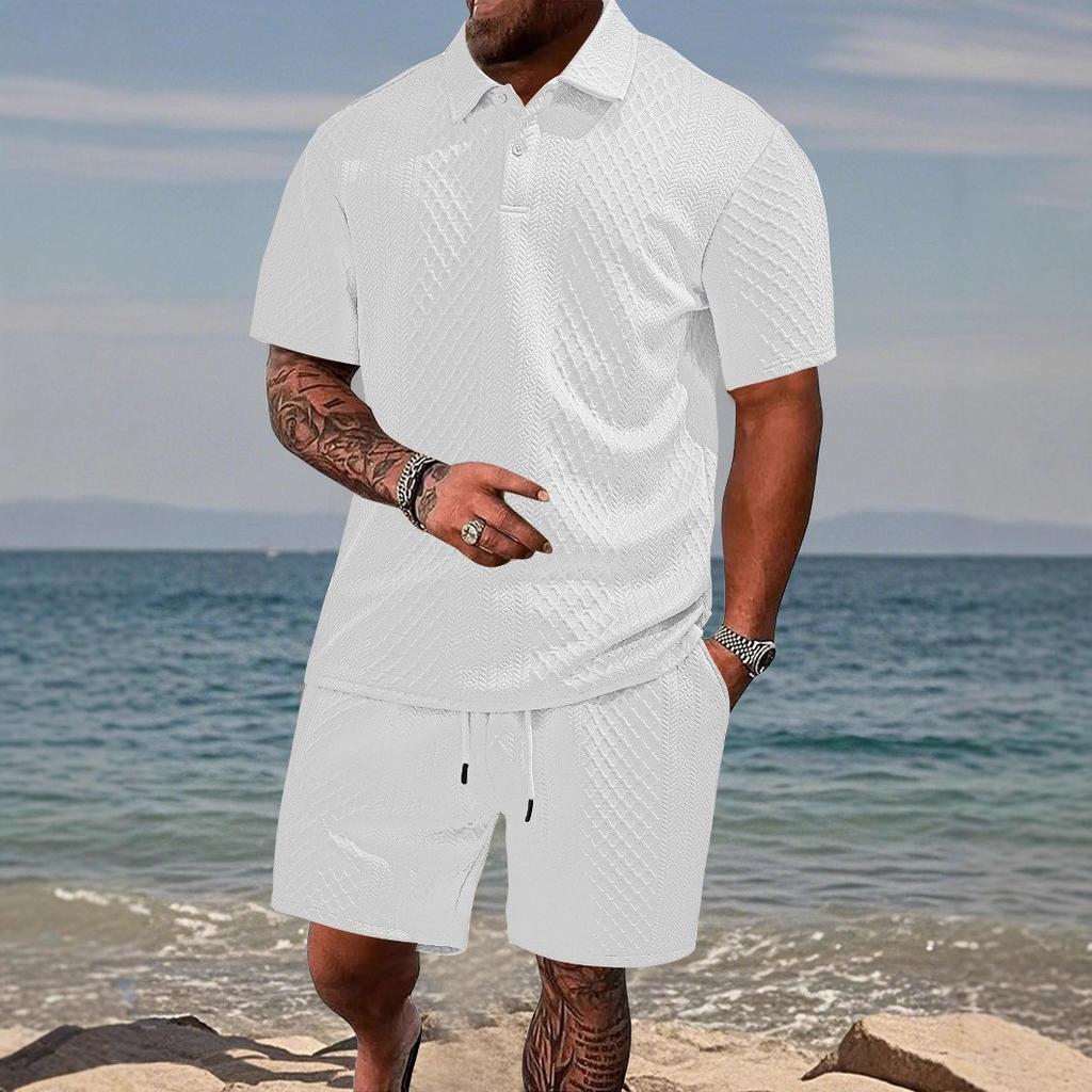 Summer Men's Casual Sportswear Polo Shirt With A Lapel Men's Short-sleeved Shirt And Shorts, Jacquard Texture Suit