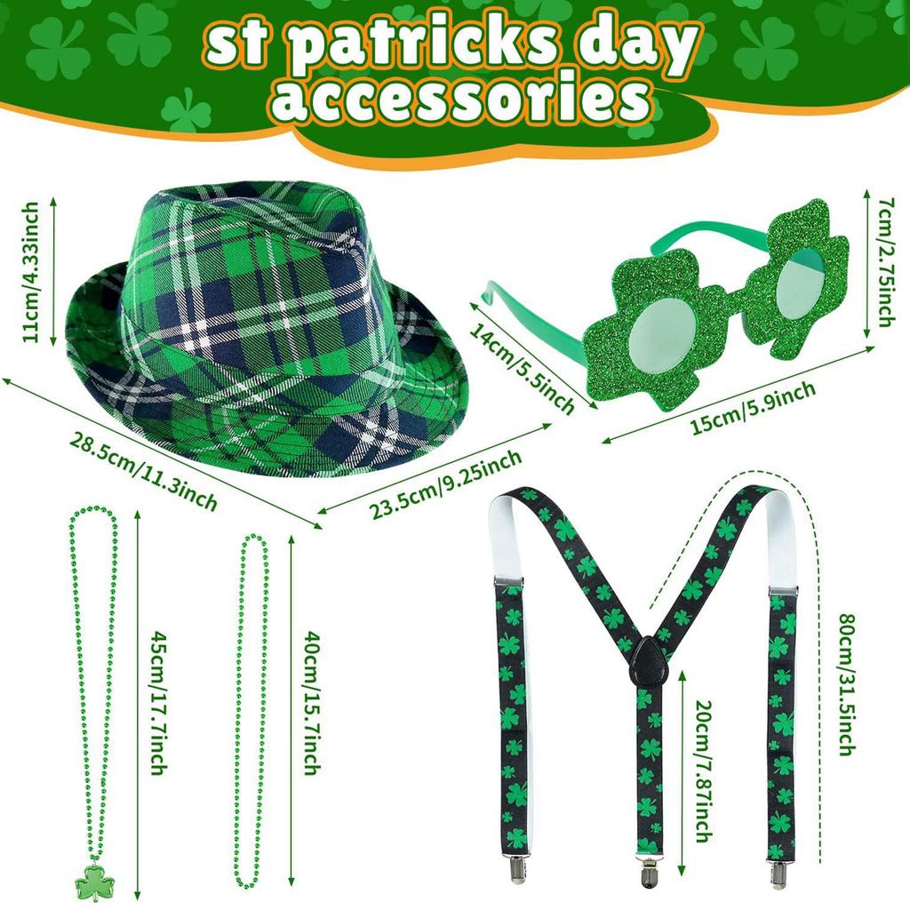 StPatrick Day Celebration Costume Hat Shamrock Glasses Suspenders Braces Necklace Festival Party Props Irish Accessories