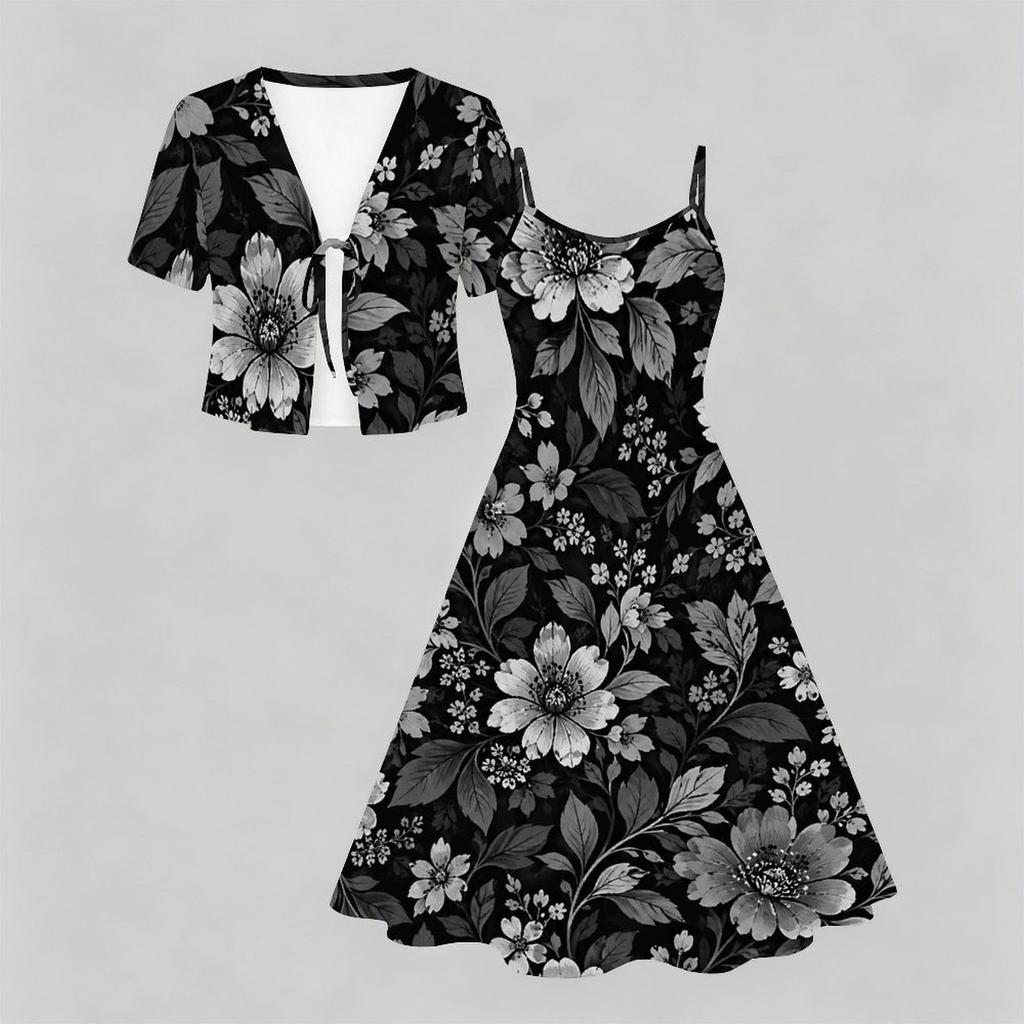 Women Plus Size Two Piece Dress Set Floral Printed V Neck Short Sleeve Tie Front Shrug Strappy Flared Dress White Blue