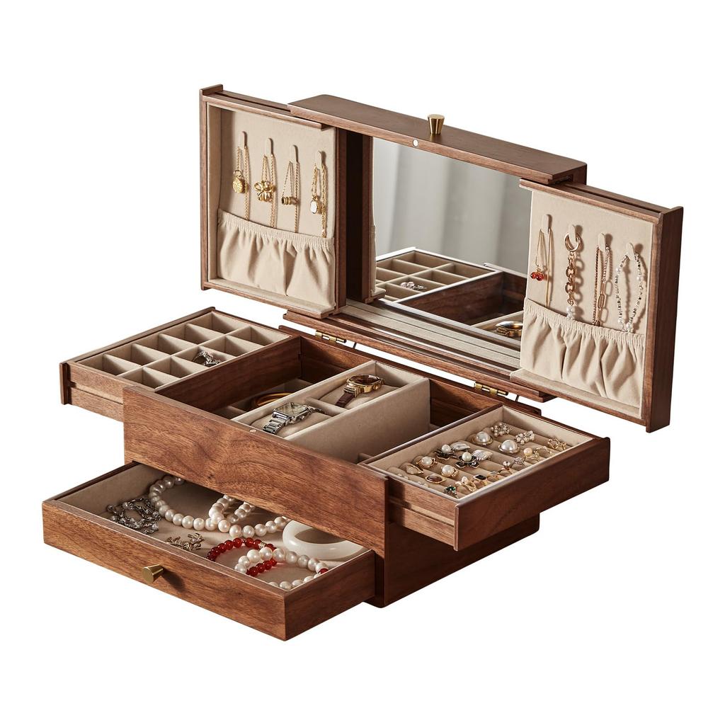 Homruilink Wooden Jewelry Black Large Capacity Jewelry Storage Case with Multifunctional Drawers for and Day Gift for Women Box, 3-Tier, Walnut,