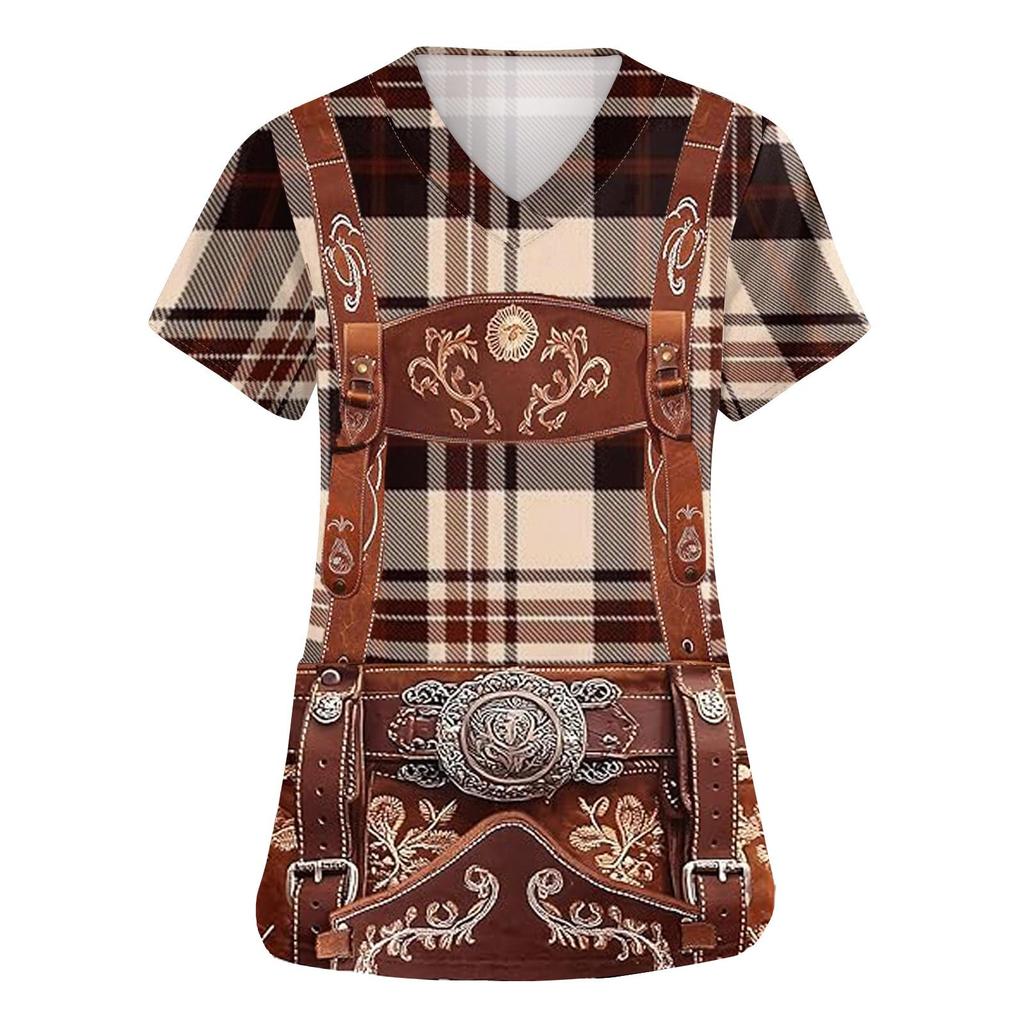 Women V Neck Short Sleeve Work Shirt with Pockets Oktoberfest Print Top Nursing Uniform Medical Scrub Tee with Front Pocket Design