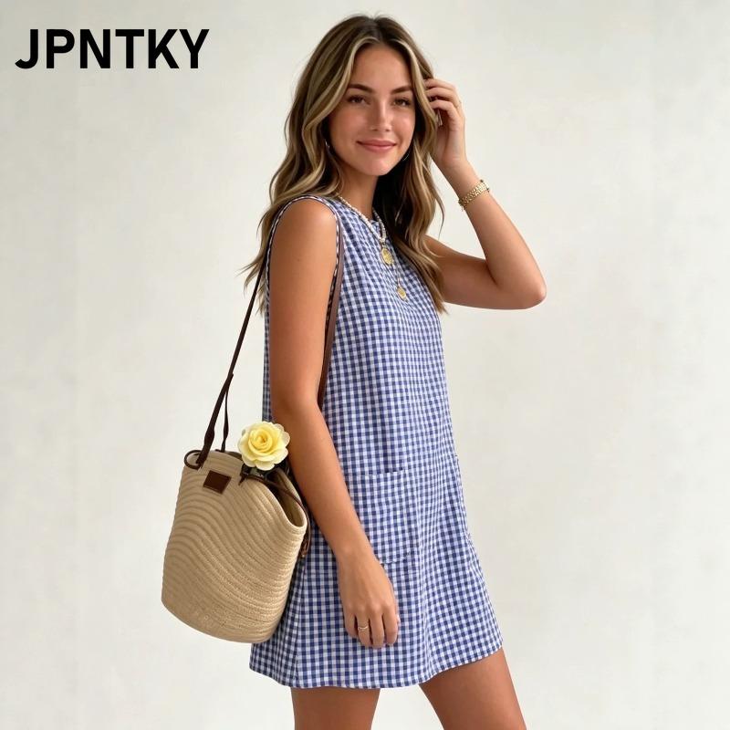 JPNTKY Women's Fashion Summer Spring O-Neck Sleeveless Casual Dresses