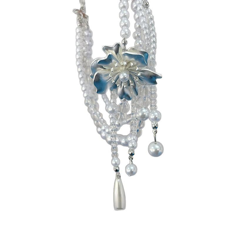 French Light Luxury White Flower Pearl Crystal Fringed Necklace Niche Design Collarbone Chain Temperament Small Fragrant Neck Chain