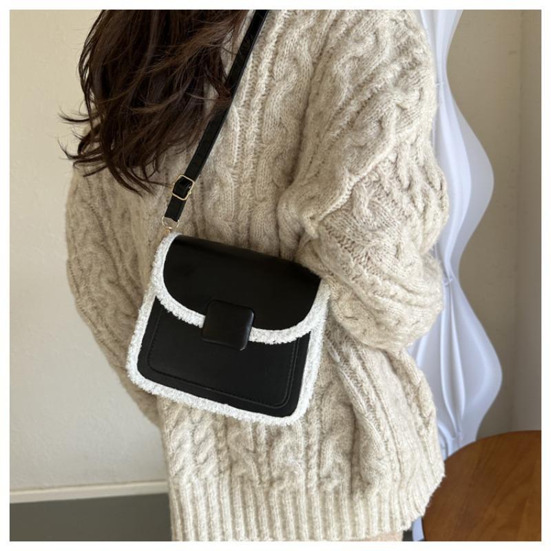 Bag Women's Autumn and Winter New Plush Splicing Messenger Bag Simple Commuting Temperament Versatile Shoulder Small Square Bag