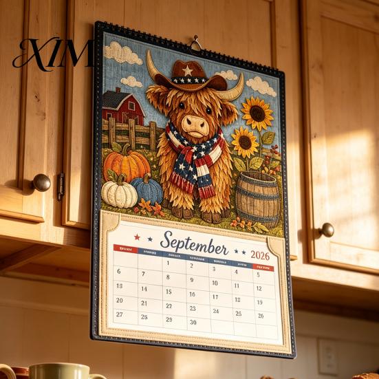 Crafting Project for Adults Highland Cow Farmhouse Calendar DIY Kit 12 Months, Handmade Rustic Theme Craft Set Paper And Cloth Set, Home Office Decor