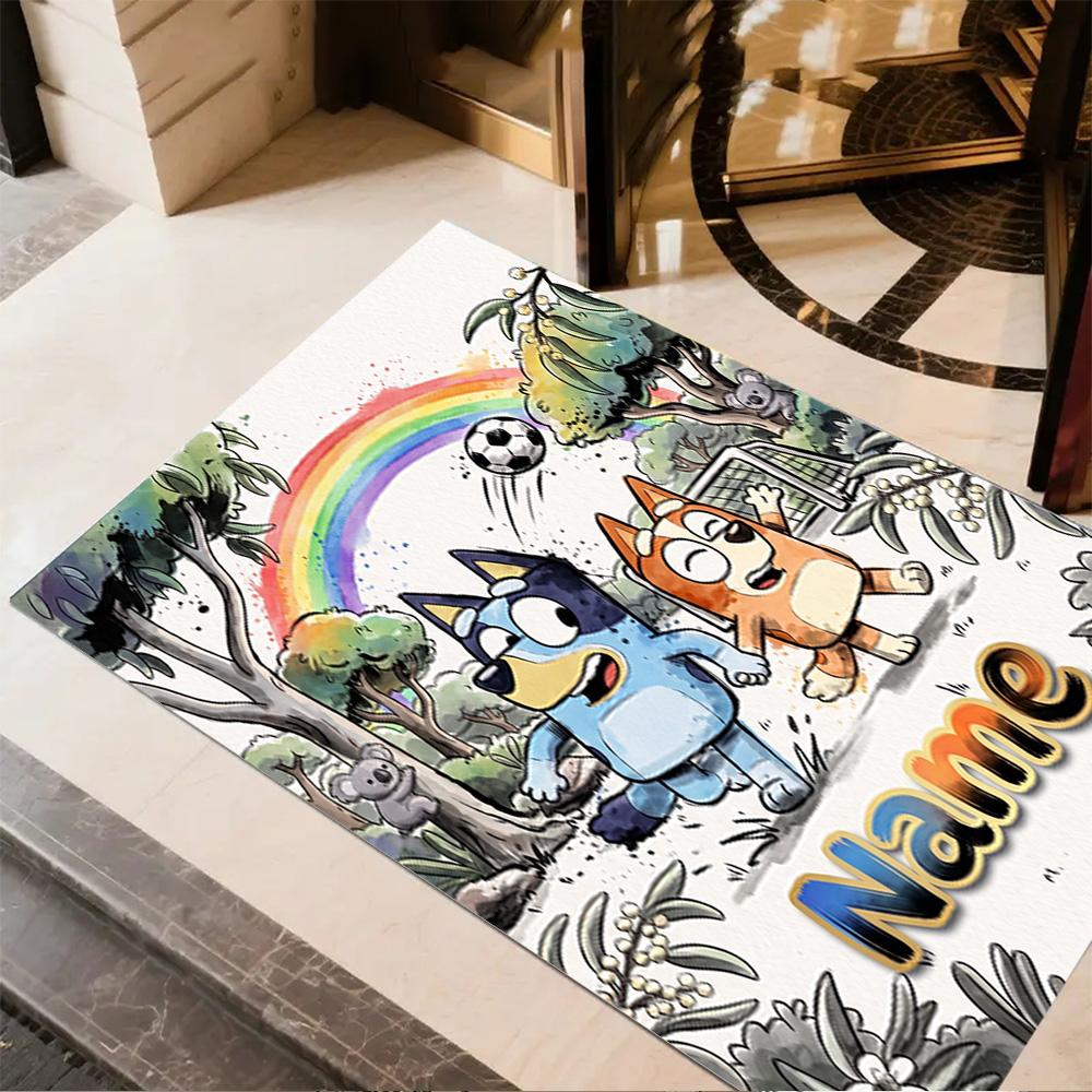 Bluey's Soccer Adventure Customized Name Floor Mat Perfect for Foyer Entryway Dining Room Hallway Anti-slip Rug Decorate Offices