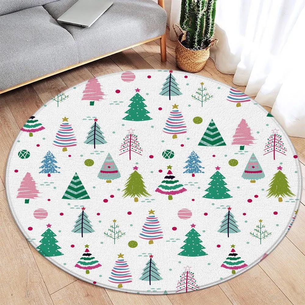 

Christmas Living Room Decoration Christmas Tree Elk Snowman Round Rugs Bedroom Rugs Household Floor Mats Washable Leisure Rugs Diameter 60cm