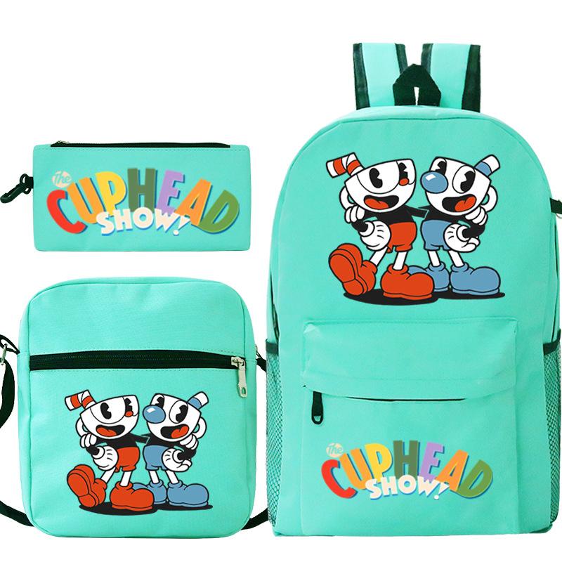 Cartoon Teacup Head Cuphead Student Backpack Oblique Span Bag Pencil Bag Primary And Secondary School Students Children'S Schoolbag Three-Piece Set