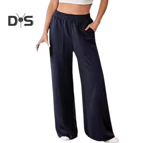 

Женские брюки, эластичные, с высокой талией, прямые, широкие, длинные брюки, однотонные, свободного кроя, длинные брюки с карманами, повседневная одежда L темно-синий
