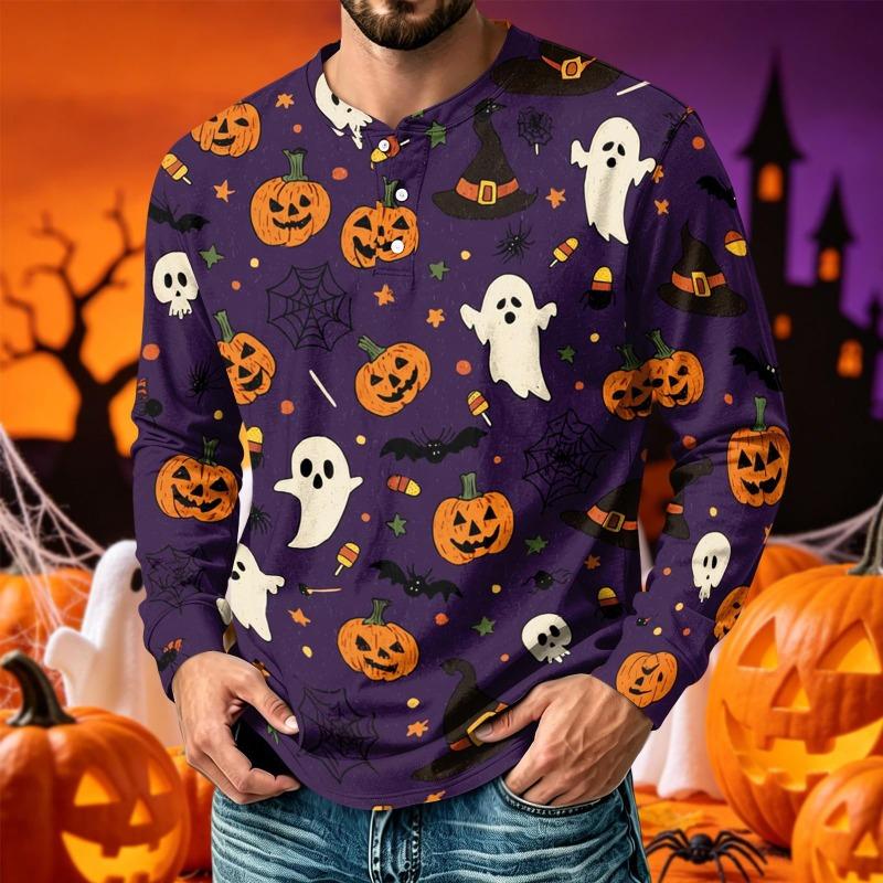 Men Henley Long Sleeve T‑Shirt Halloween 3D Print Pumpkin Ghost Bat Spider Web Graphic Holiday Party Casual Tee