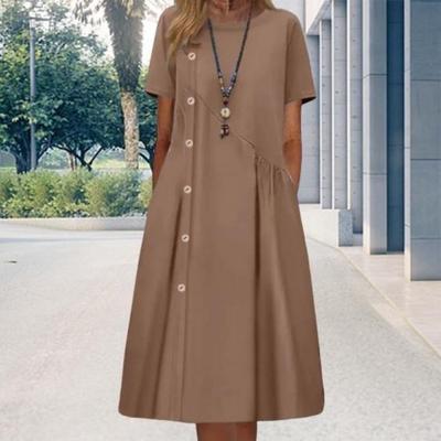 Casual Midi Dress for Women Beautiful Beach Dress Pleated O Neck Lady Clothes