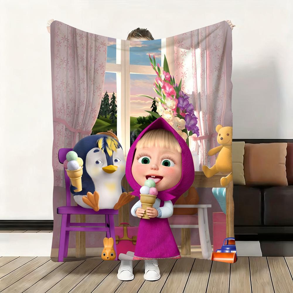 Cartoon M-Masha and the B-Bear Throw Flannel Fluffy Soft Blanket Warm Skin-Friendly Throw for Sofa Bed Office Nap Winter