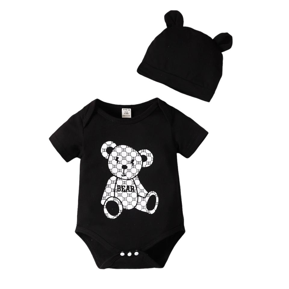 2PCS Newborn Baby Boy Romper Little Bear Print Summer Short Sleeve Bodysuit Leisure Time Jumpsuit+Hat for Infant Boy 0-9 Months 0-1M чёрный