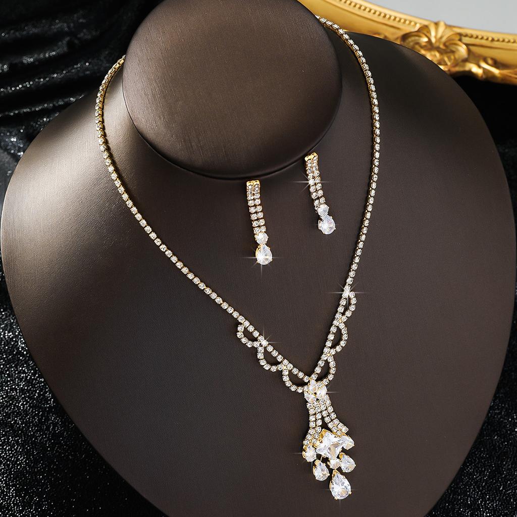3PC Women's Fashion Copper Inlaid Zircon Claw Chain Geometric Water Drop Necklace Earring Set Wedding Party Festival Gift