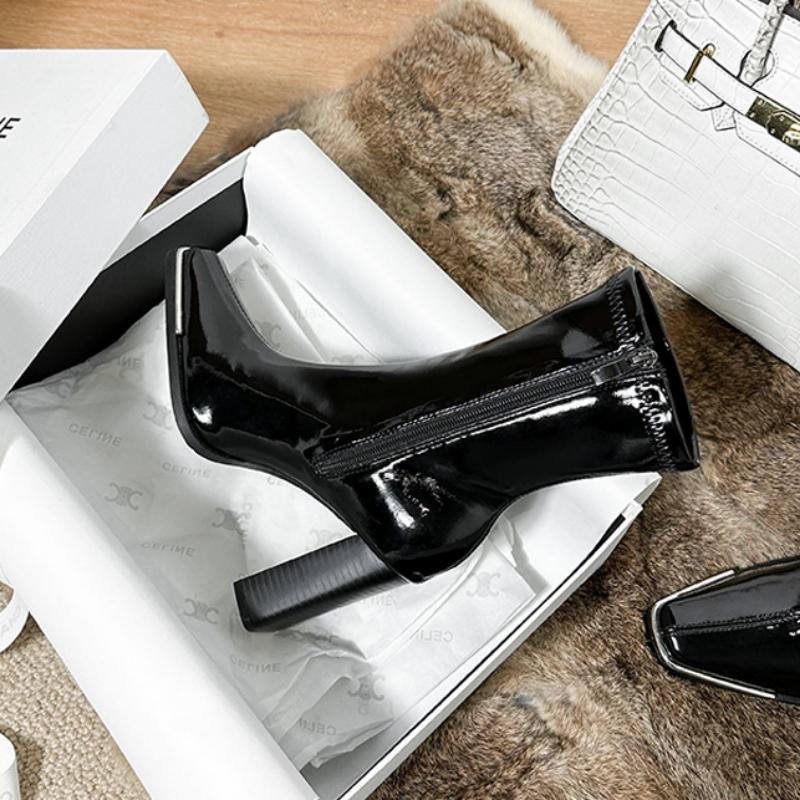 Niedrig geschnittene glänzende Damen-Lederstiefel, dicker Absatz, eckige Zehenpartie, High-Heel-Stiefel, Herbst und Winter, Lackleder, kurze Stiefel