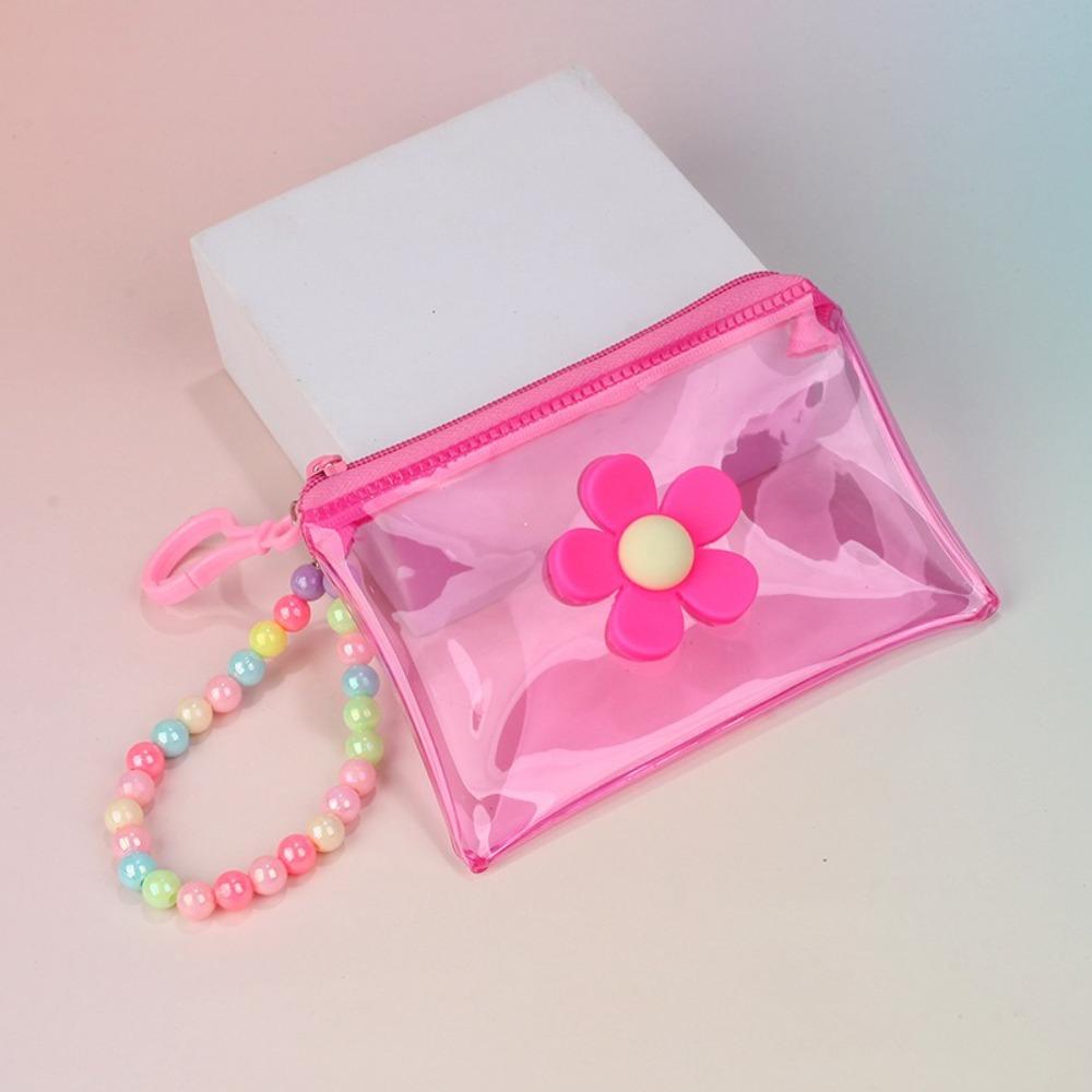 Portable Flower Bead Chain Coin Purse PVC Zipper Small Wallet Colorful Transparent Storage Bag