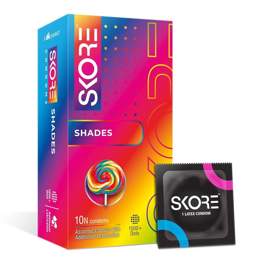 Skore Shades Colored Dotted Condoms 20's Pack Natural Latex Rubber Assorted Colors Pleasure Fit Protection Smooth Feel