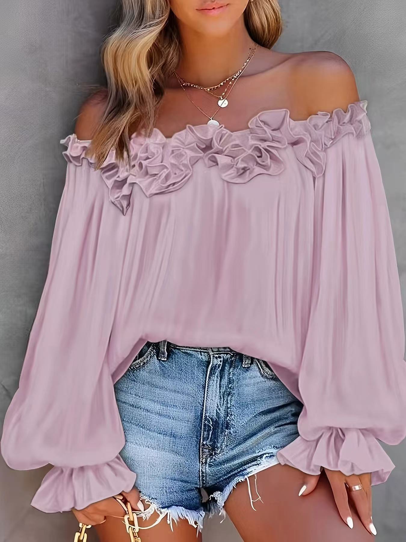 

Off Shoulder Ruffle Blouse with Floral Lace Trim, Casual Summer Top for Women XXL рожевий