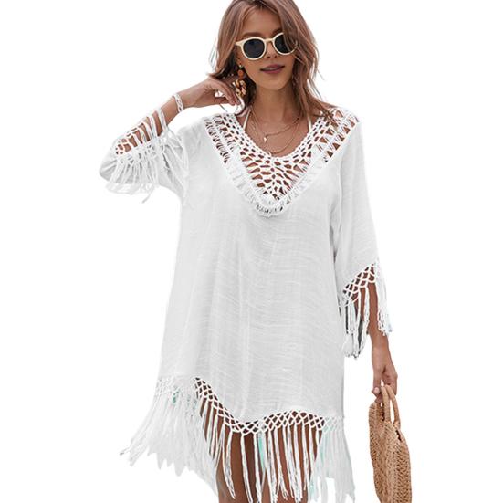 Beach Cover Up Dress V-Neck Woven Hollow Neckline Fringed Cuffs Hem Bikini Cover
