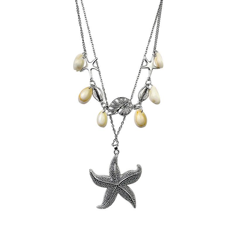 Layered Double-Layer Necklace: Summer Vacation Style with Shell, Starfish, and Conch Pendants