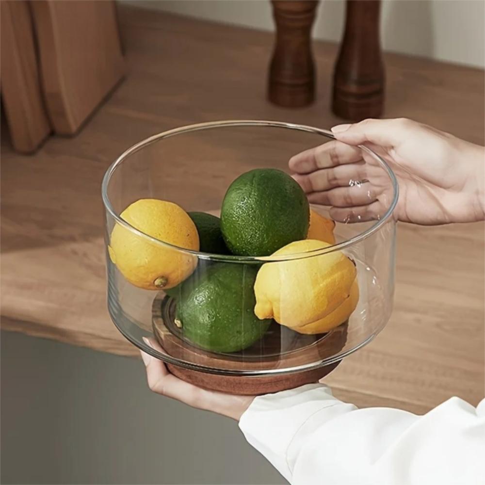 Wood Base Glass Fruit Bowl Transparent Glass Snack Storage Bowl Creative Salad Bowl Party