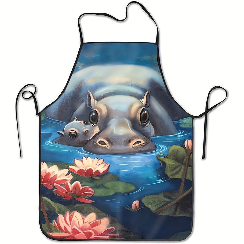1pc, Literary Style Lotus Hippo Pattern Theme Printed Apron, Kitchen And Catering Apron, Suitable for Cooking, Baking, BBQ, Housework, with Adjustable