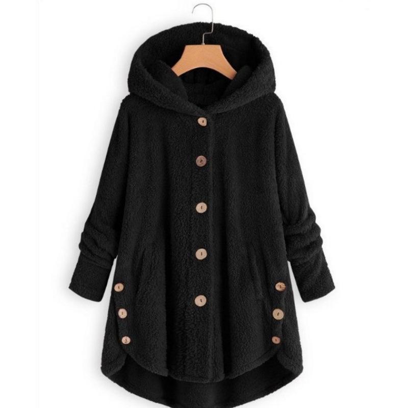 Women S Solid Color Hooded Button Plush Casual Coat