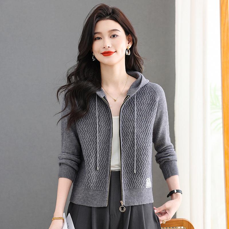 

Жіночий короткий червоний кардиган на блискавці з капюшоном - В язаний стиль, Осінь 2025 S (80-95 jin)