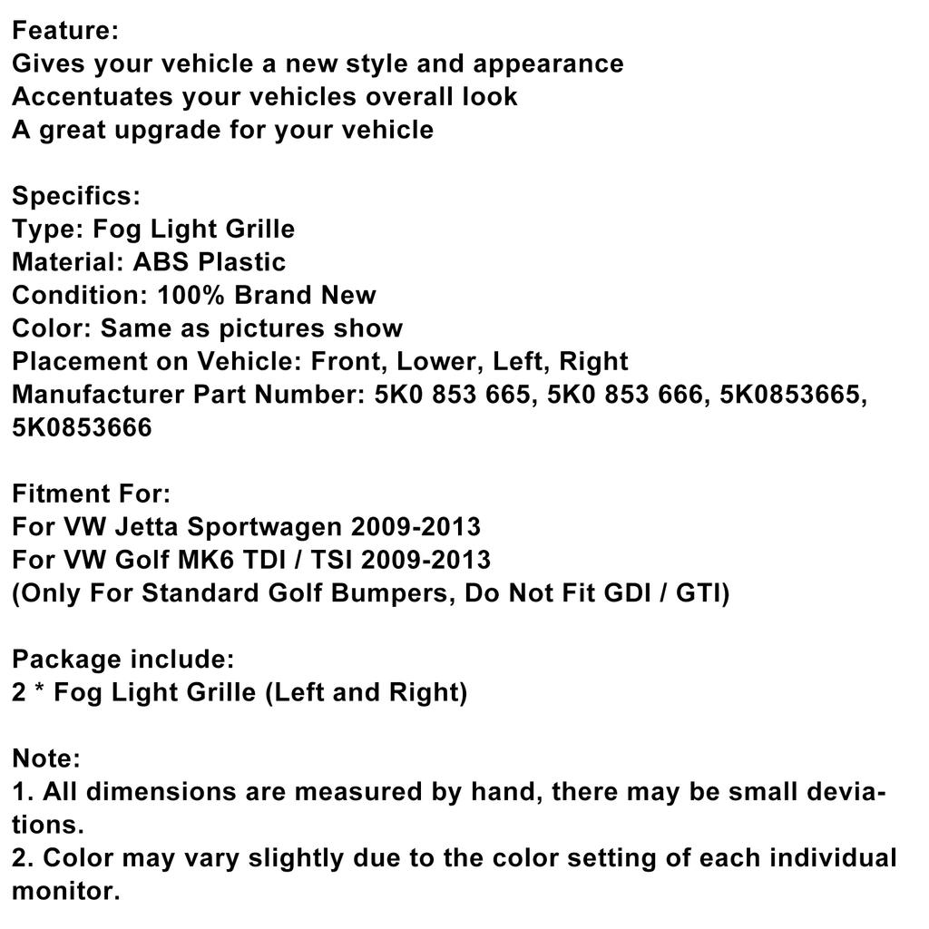 2 STÜCK Nebelscheinwerferabdeckung Gitter Grill 5K0853666 Passend für VW MK6 Golf Jetta 2009-2013