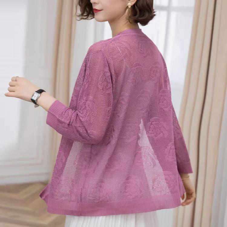 Middle Aged and Elderly Women's Long Knitted Cardigan with Summer Hollow Out Thin Design Paired with A Shawl and Air Conditioning Shirt