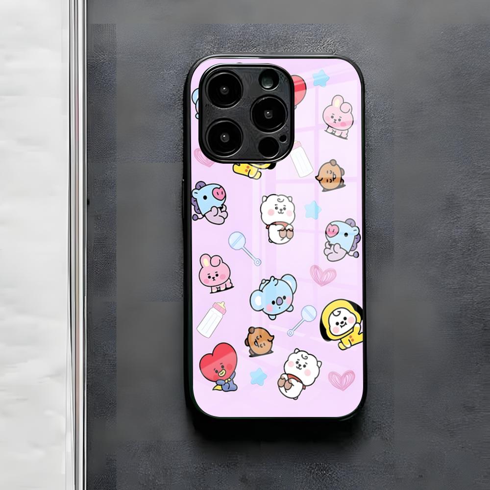 Cute Cartoon B-BT21s Phone Case For IPhone 17 Air 16 E Pro Max 15 14 13 Mini 12 Pro 11 Max Plus Black Glass Cover