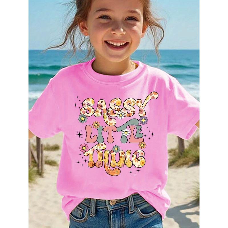 European Size Summer Fashion Girls' Short Sleeve T-Shirt with Sassy Little Thing Letter Print Casual Versatile Top