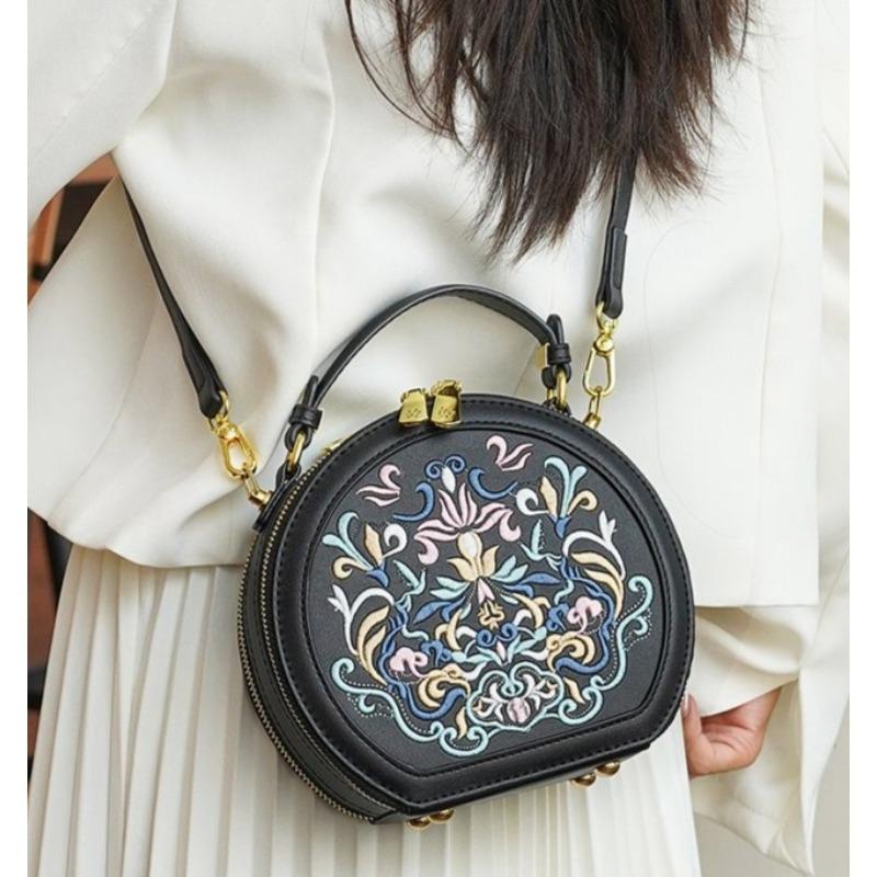 Vintage κέντημα στρογγυλή τσάντα ώμου, τσάντα χειρός με φερμουάρ, τσάντα κλασικής τάσης