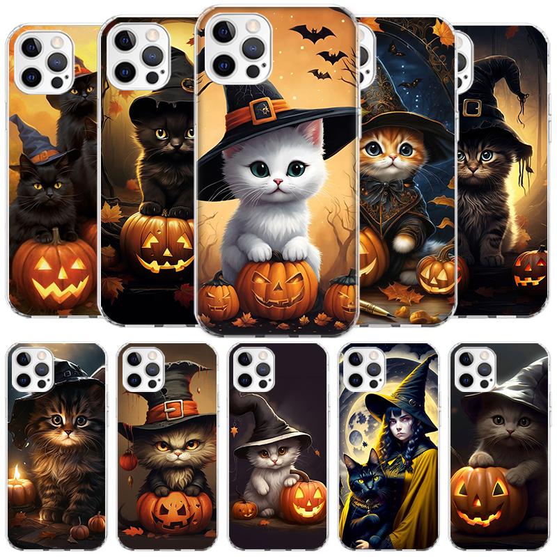 Black Kitten Halloween Pumpkin Cover Phone Case For iPhone 16 17 Air 15 14 Pro Max 16E Phone Case 13 Mini 12 11 7 SE 8 Print Pat