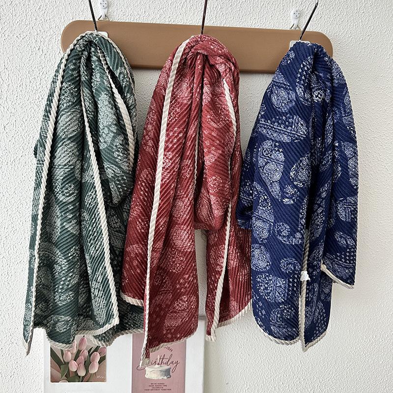 Women's Double-layer Cotton and Linen Floral Scarf Autumn and Winter Pleated Wrapped Shawl Scarf