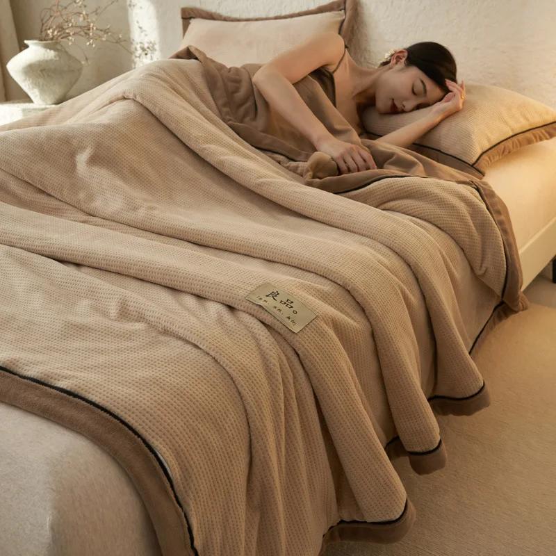 Winter Waffle Milk Fleece Blanket Thickened Office Nap Sofa Blanket Shawl Blanket Coral Bedding Zipper Multifunctional