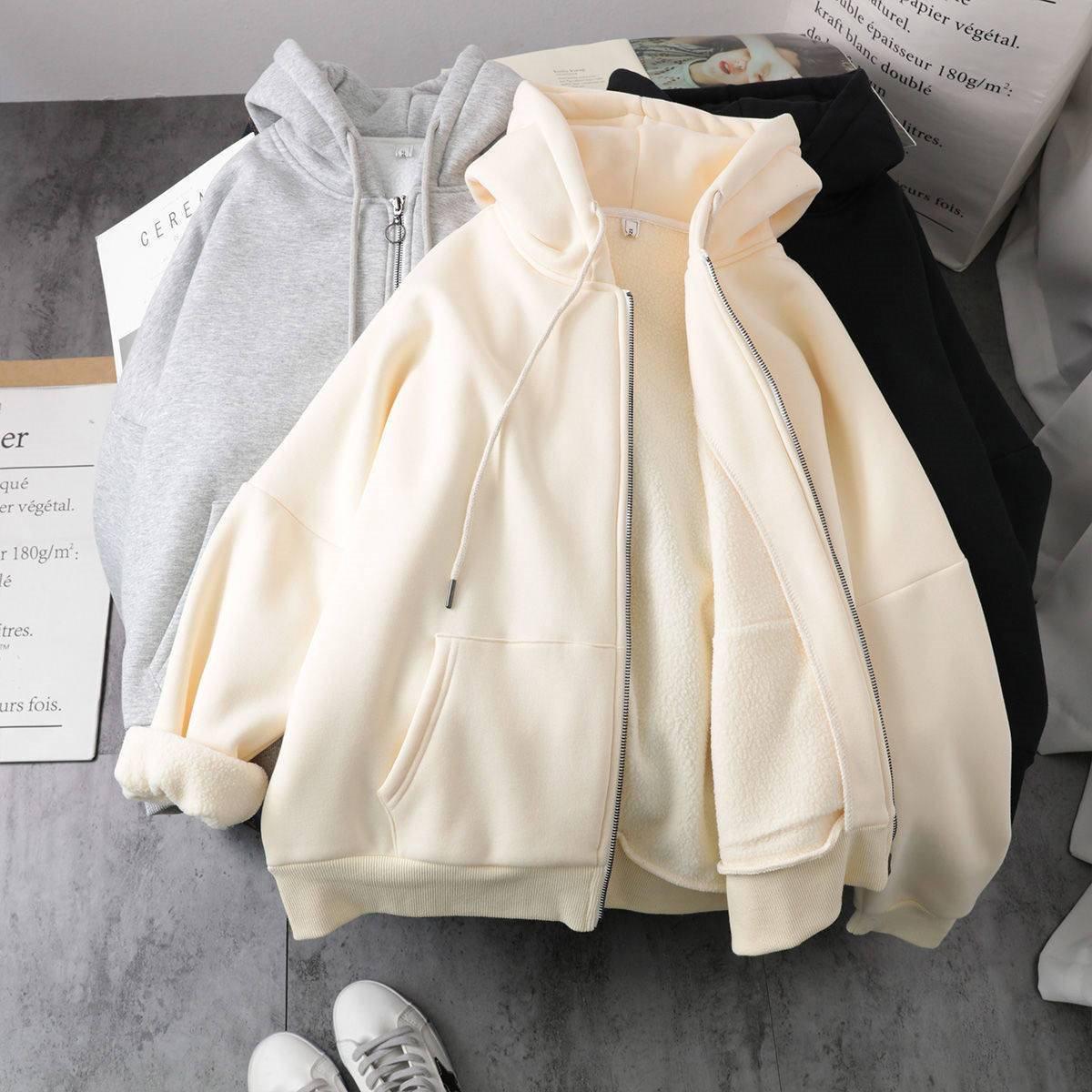 Korean Style Women s Fleece-Lined Hooded Sweatshirt AutumnWinter Fashion Cardigan with Zipper 2695₽