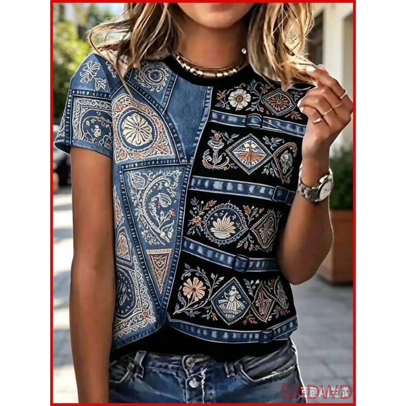 Moda Donna Girocollo Manica Corta Stampa Colore 3D Casual T-shirt Casual a Manica Corta Girocollo