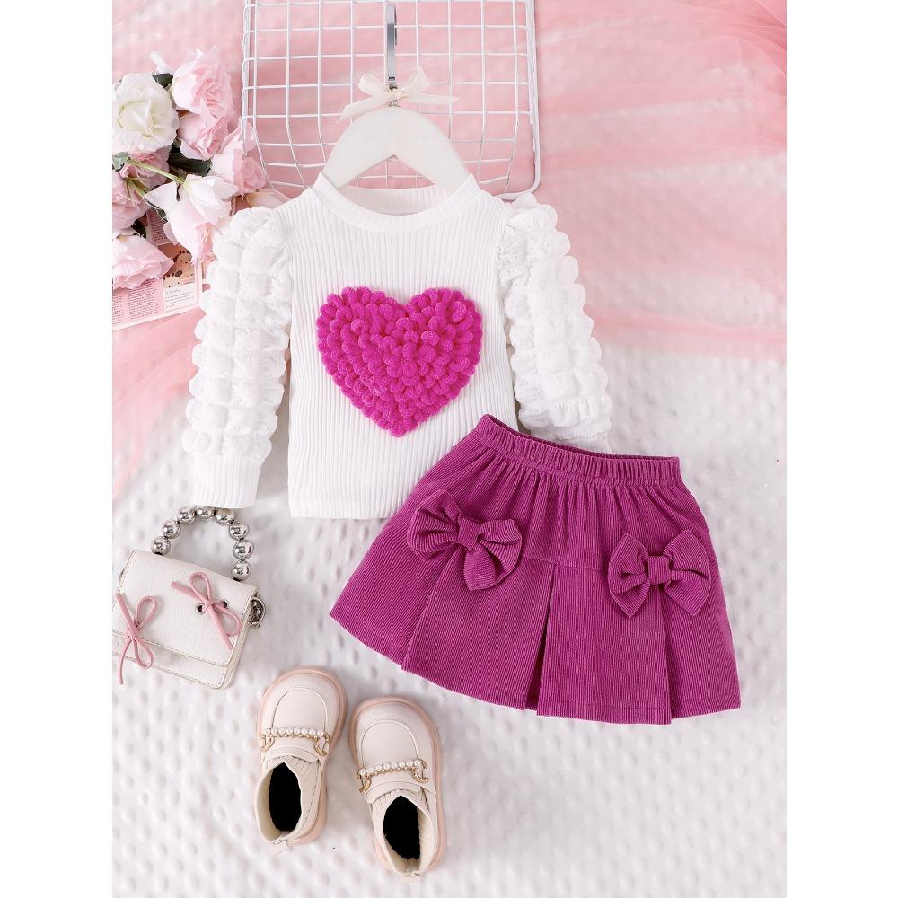 Children's Sweet Suit Spring and Autumn Girls Bubble Sleeve Love Top + Bow Skirt 2pcs Kids 6M-3Y Clothing