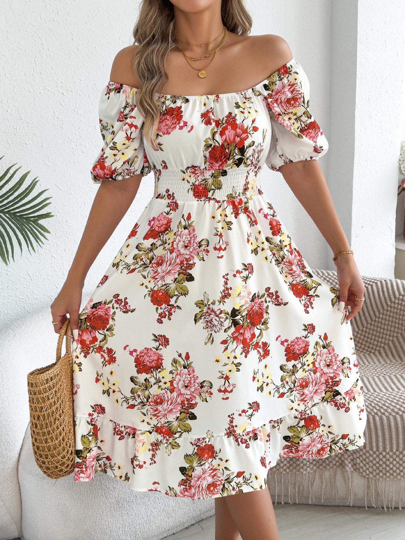 Women Floral Off Shoulder Short Sleeve Ruffle High Waist A Line Vacation Midi Dress S