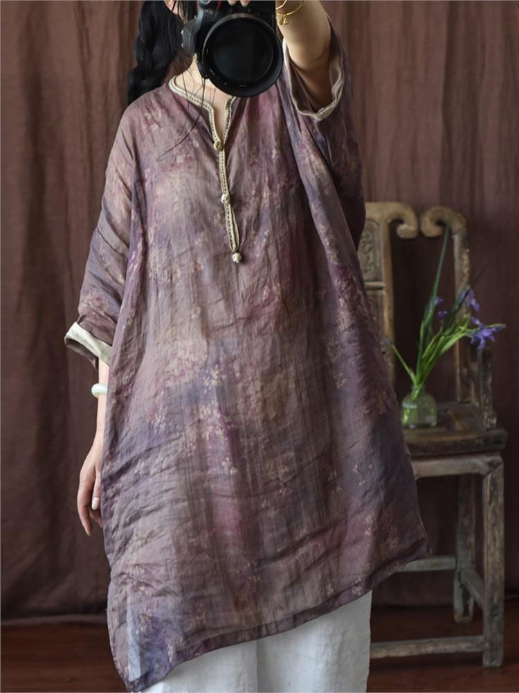 Johnature Women Vintage Ramie Shirts Top Print Floral Button Loose Blouses Summer Seven Sleeve Chinese Style Long Shirt