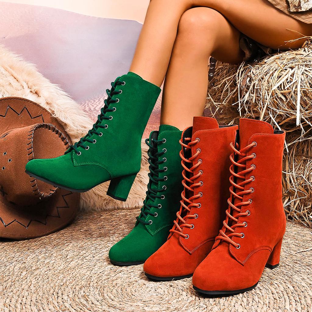 Fashion Women Ankle Boots Luxury Chunky Heeled Long Boots Retro Solid Color Lace Up Knee High Boots Casual Comfortable Trend Shoes Women