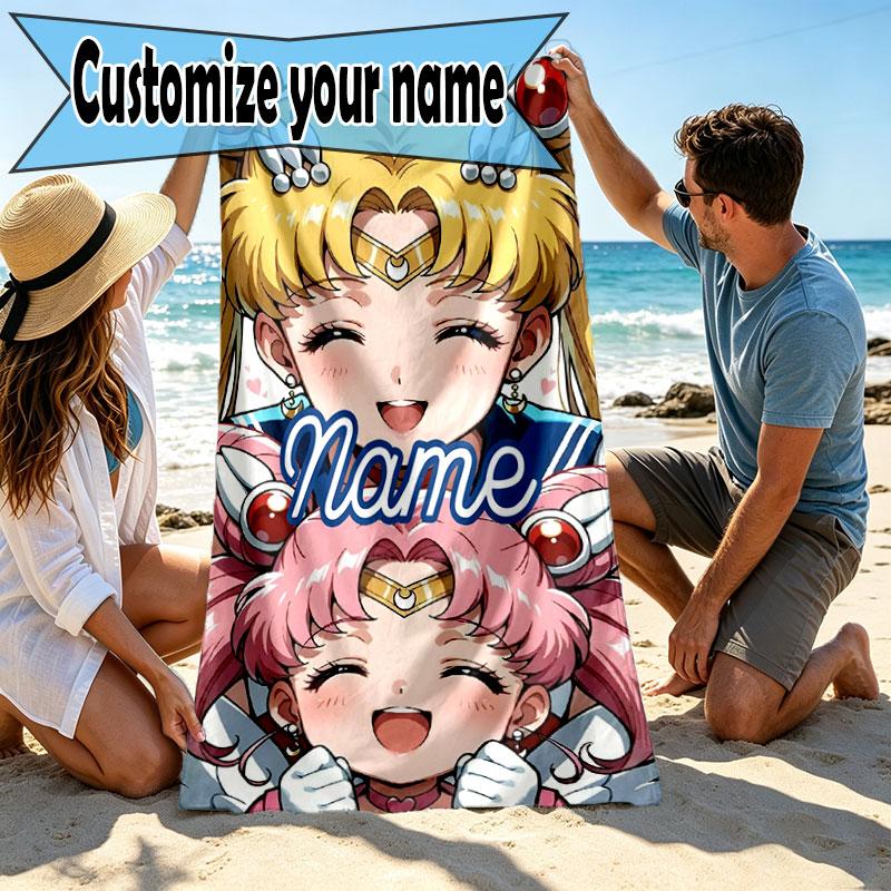 Custom Name Personalized Sailor Moon Print Beach Towel, for Trip Camping Beach Party Home Decor, Birthday Gift for Family & Friends