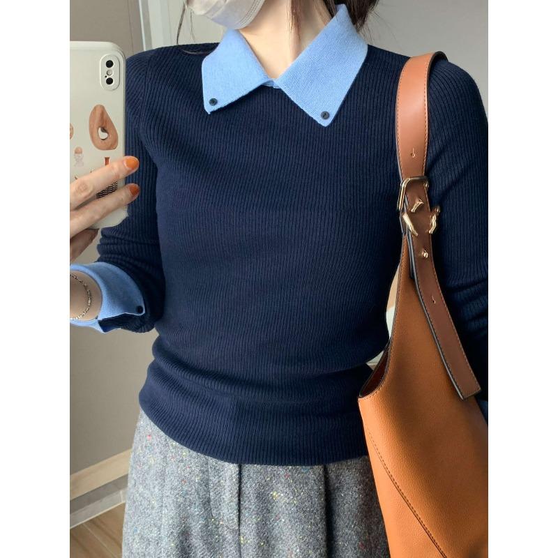 Contrast Color Polo Lapel Knitted Sweater Women's Autumn and Winter Slim and Thin Inner Long-sleeved Bottoming Top Soft Waxy Sweater