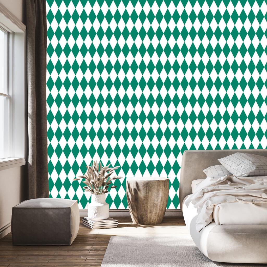 Harlequin Diamonds Wallpaper In Teal, White and Mint 50x1000