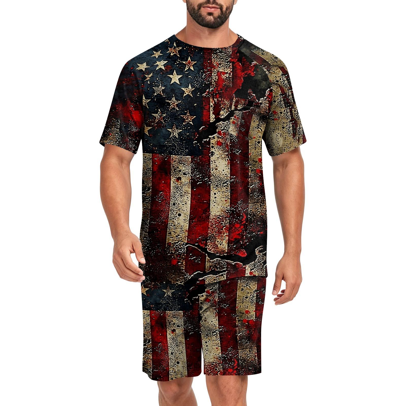 

Men s Short Sleeve Sleepwear Set American Flag Print Lightweight Comfortable Soft Fabric Lounge Pajama Set with Pockets XXL чёрный