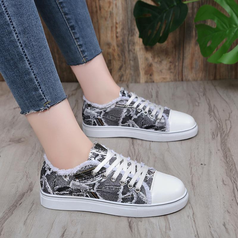 Foreign Trade Large Size Women's Shoes 2025 European and American New Color Printing Low-top Canvas Shoes Lace-up Casual Flat Shoes