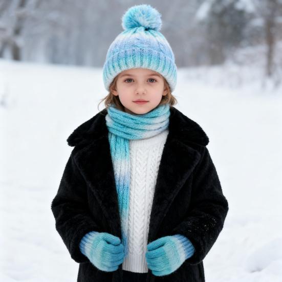 3Pcs/Set Kid Hat Scarf Gloves Set Rainbow Color Plush Ball Decor Knitted Hat Windproof Scarf Gloves Set Winter Accessories