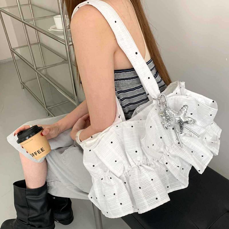 Korean Style Polka Dot Ruffle Shoulder Bag Women's Large Capacity Tote Bag Magnetic Buckle Design Lightweight Commuter Handbag