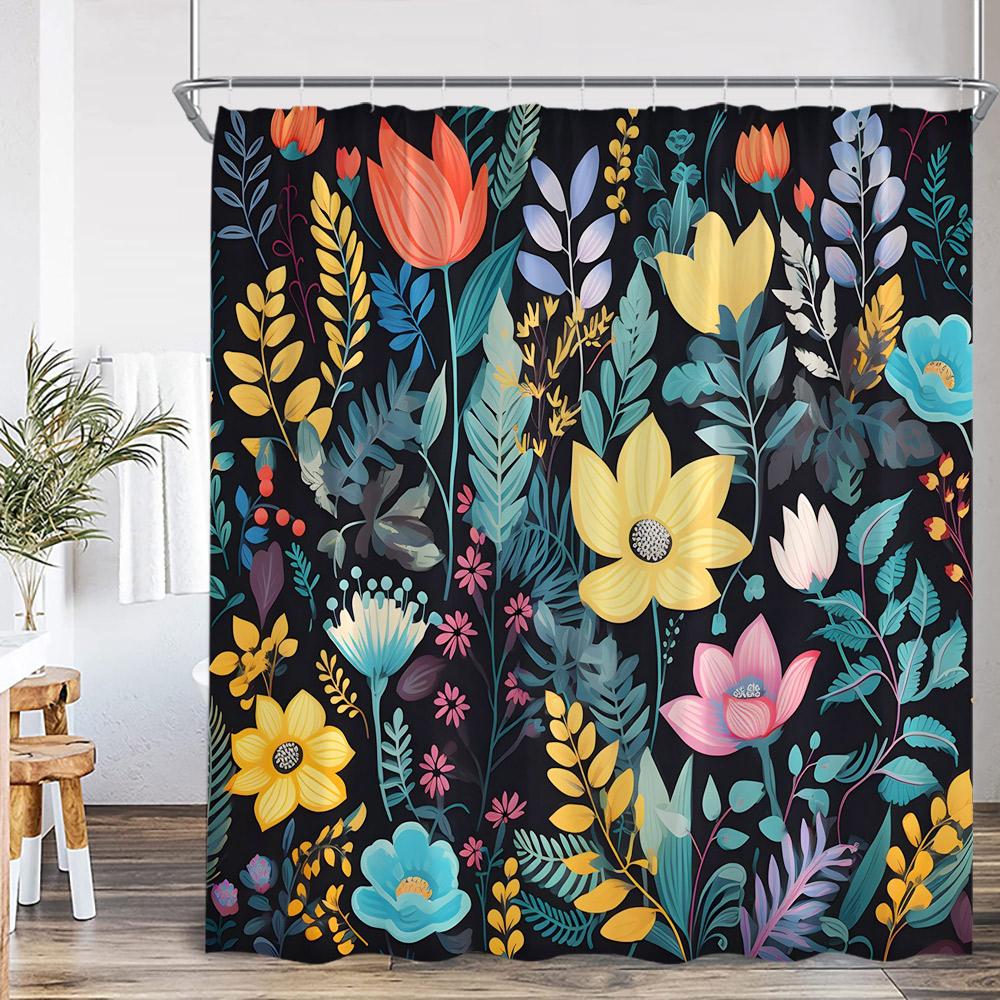 Floral Boho Shower Curtain Colored Flower Green Leaf Plant Vintage Dark Bath Curtain Polyester Fabric Bathroom Decor with Hook